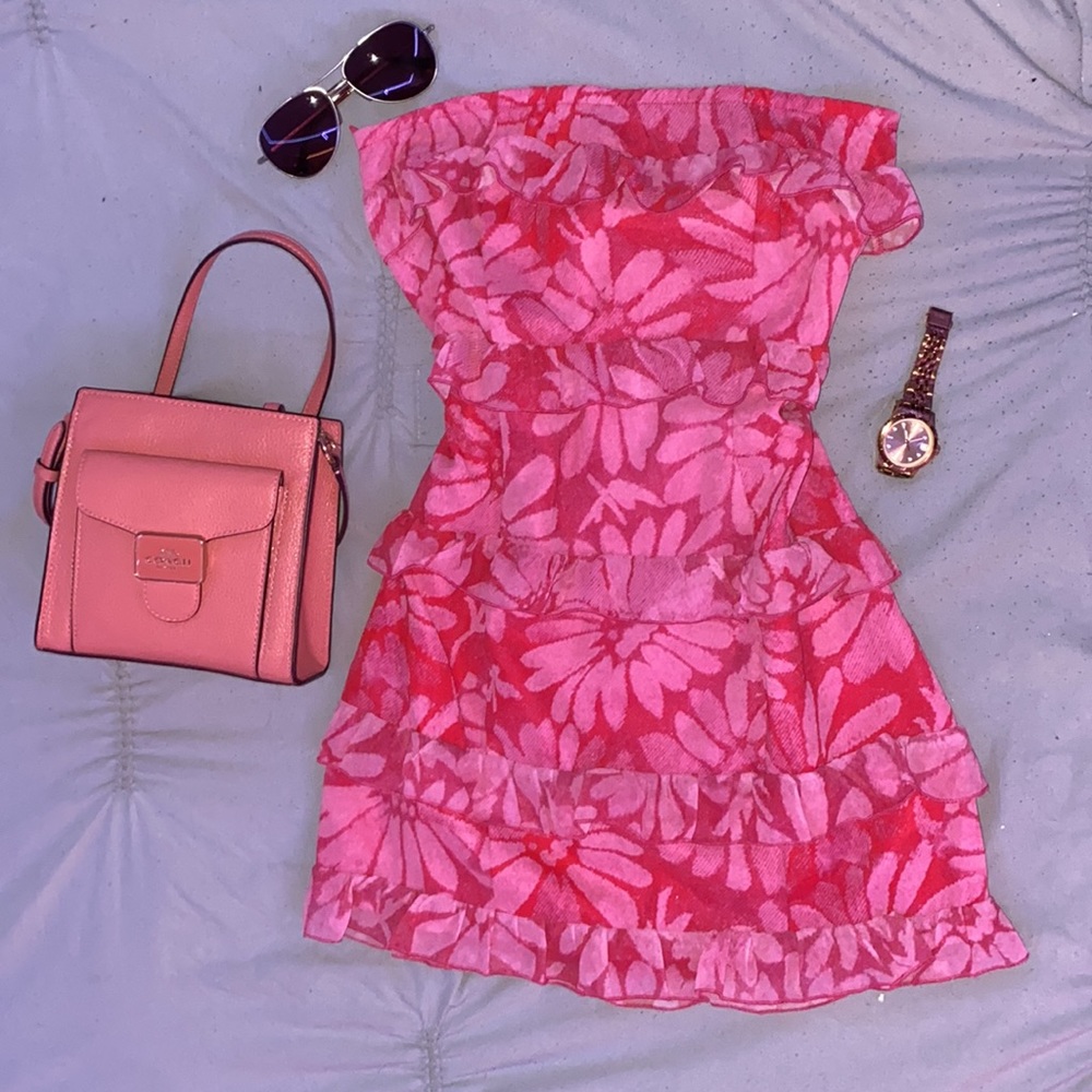Pink Floral Print Frilled Mini Dress